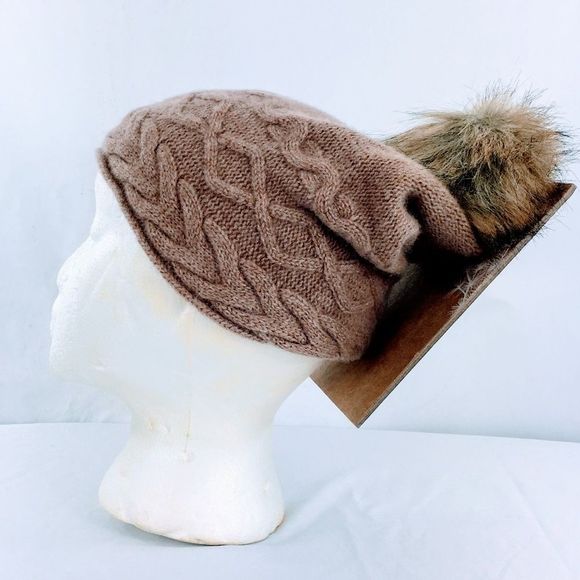 Brown Pine Womens Cashmere Pom Pom Hat Cable Knit Faux Fur Brown Beanie - Picture 1 of 8